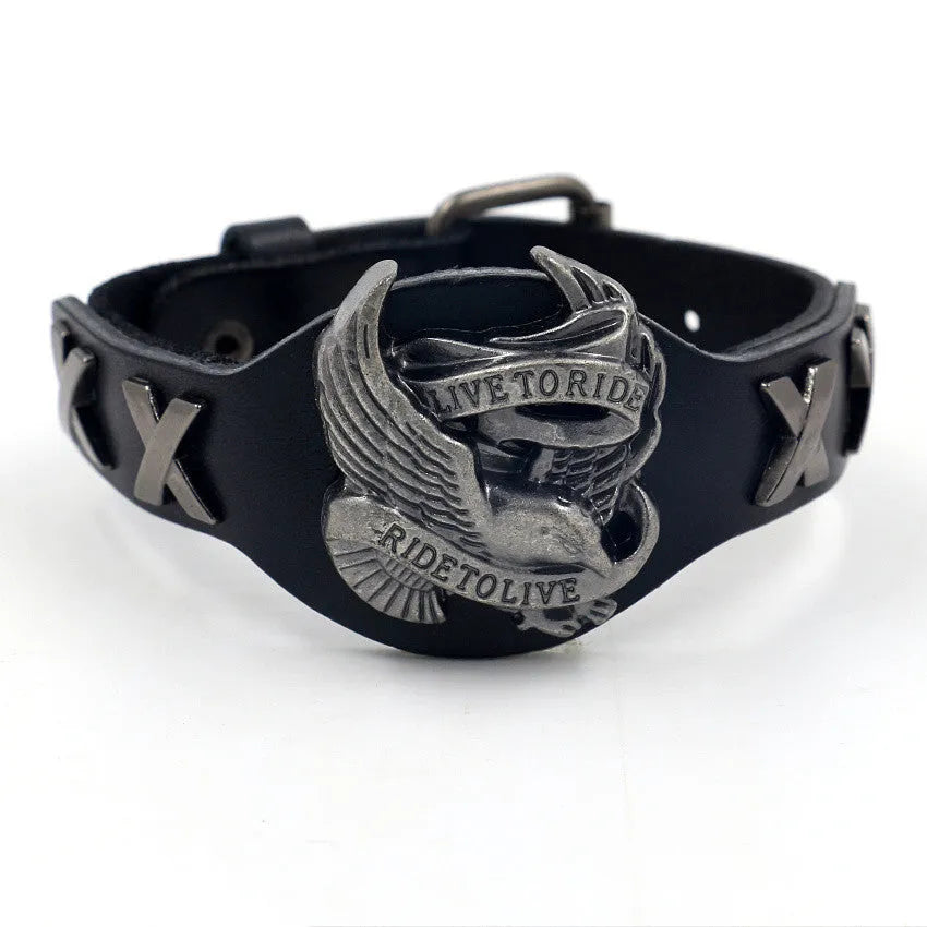 Black geometric leather bracelet with alloy eagle clasp showing width variation