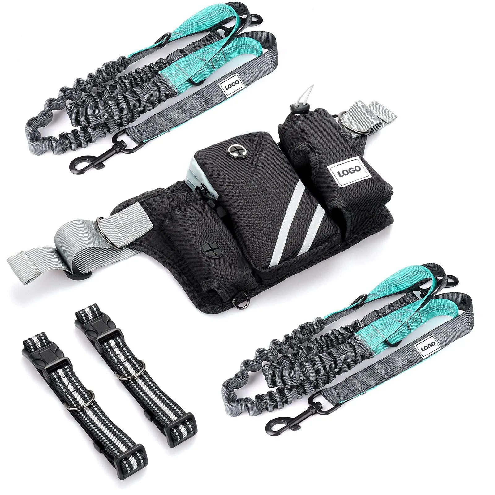 Black nylon dog walking waist bag set with leash and collar for outdoor pet training