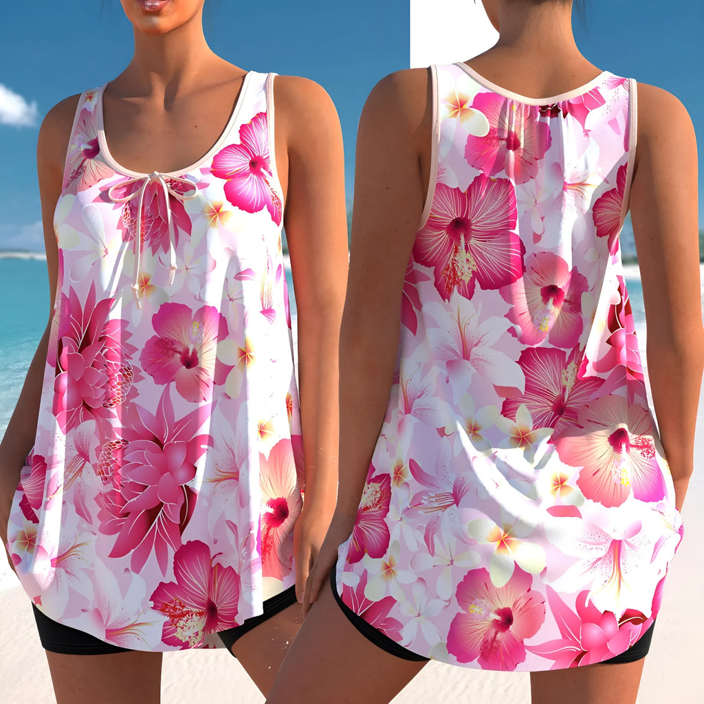 Plus size pink printed tankini swimsuit with backless top and high waist briefs