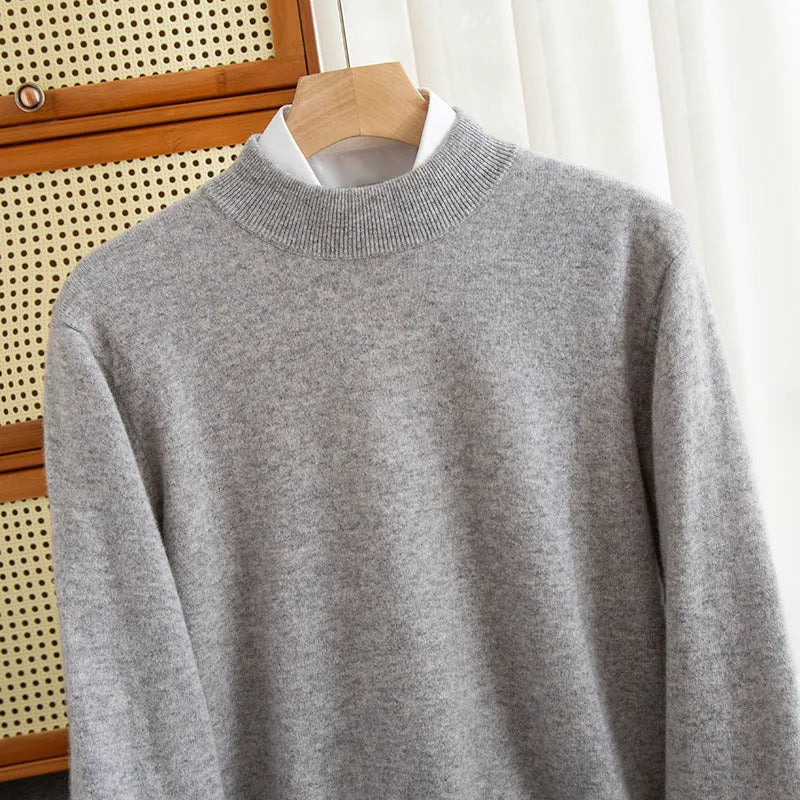 Men's half-collar wool sweater in coarse yarn knit, loose fit, shown in multiple colours