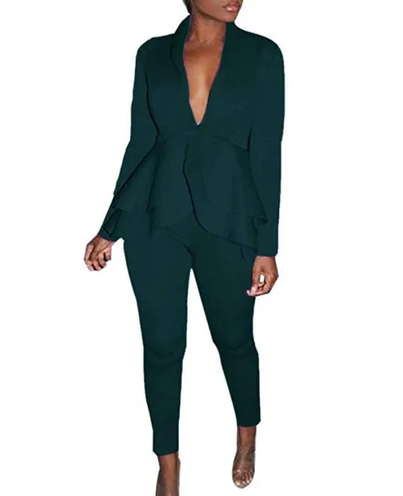 Two-piece polyester business uniform set with ruffled shirt and pencil pants