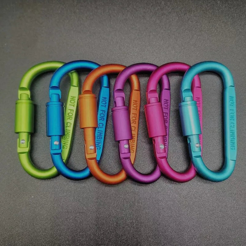 D-type aluminium climbing carabiner with screwgate lock in bright silver colour showing 8cm flat profile