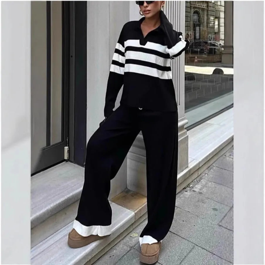 Women's black knitted two-piece set with polo collar and striped contrast colour design