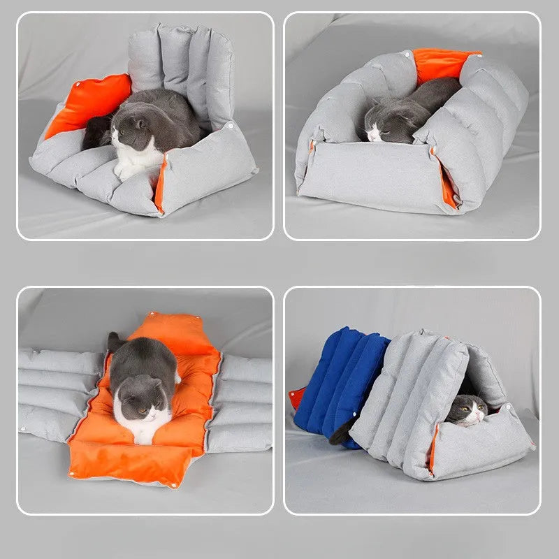 Triangular blue cat nest with drilled holes for combination, removable cotton cover