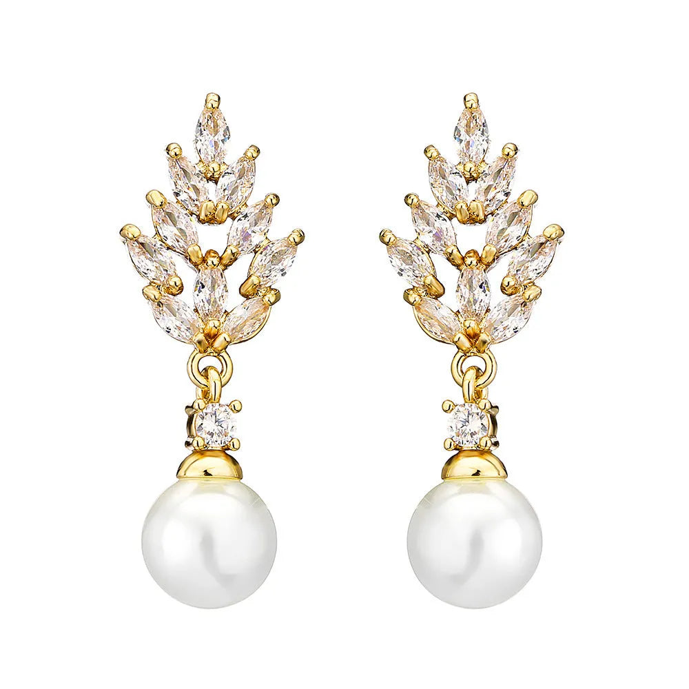 Geometric pearl earrings with micro inlaid zircon and flower design in gold plating