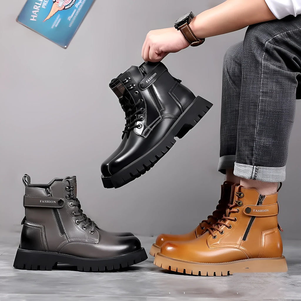 Men's thick-soled high-top Martin boots with side zipper in light brown colour showing cowhide upper and stitching detail