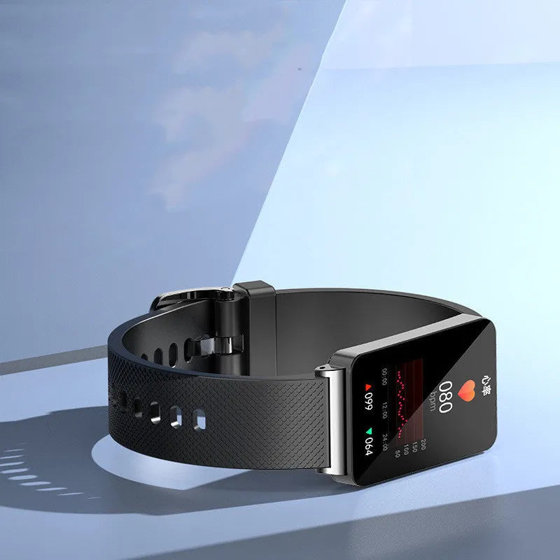 EP08 smart bracelet with blood glucose monitoring on wrist showing touch screen and TPU strap