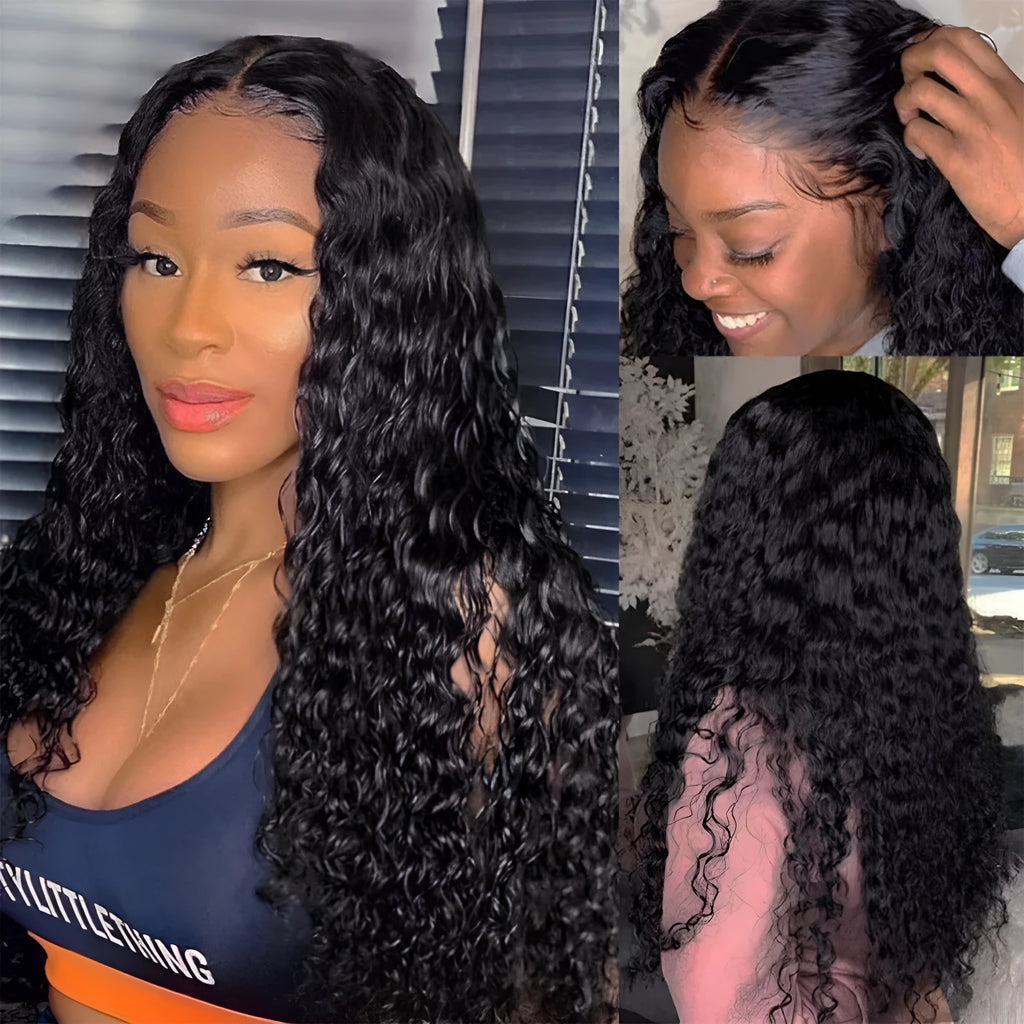 Curly human hair lace front wig on a mannequin head, showing natural hairline and long curls.