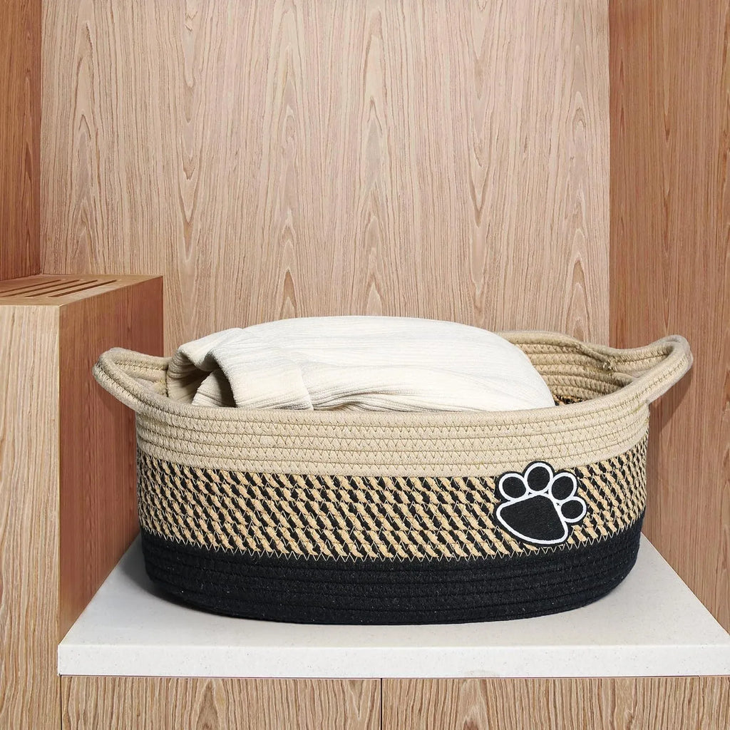 Handmade light beige cotton rope storage basket with wood elements measuring 34x26x15cm
