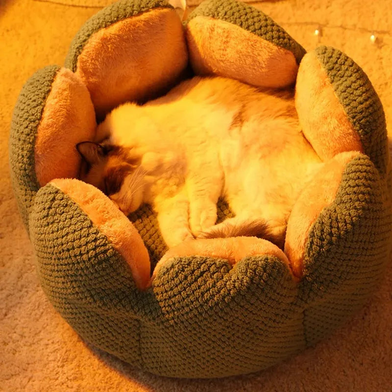 Green cactus petal shape pet kennel bed with soft plush material and non-slip bottom