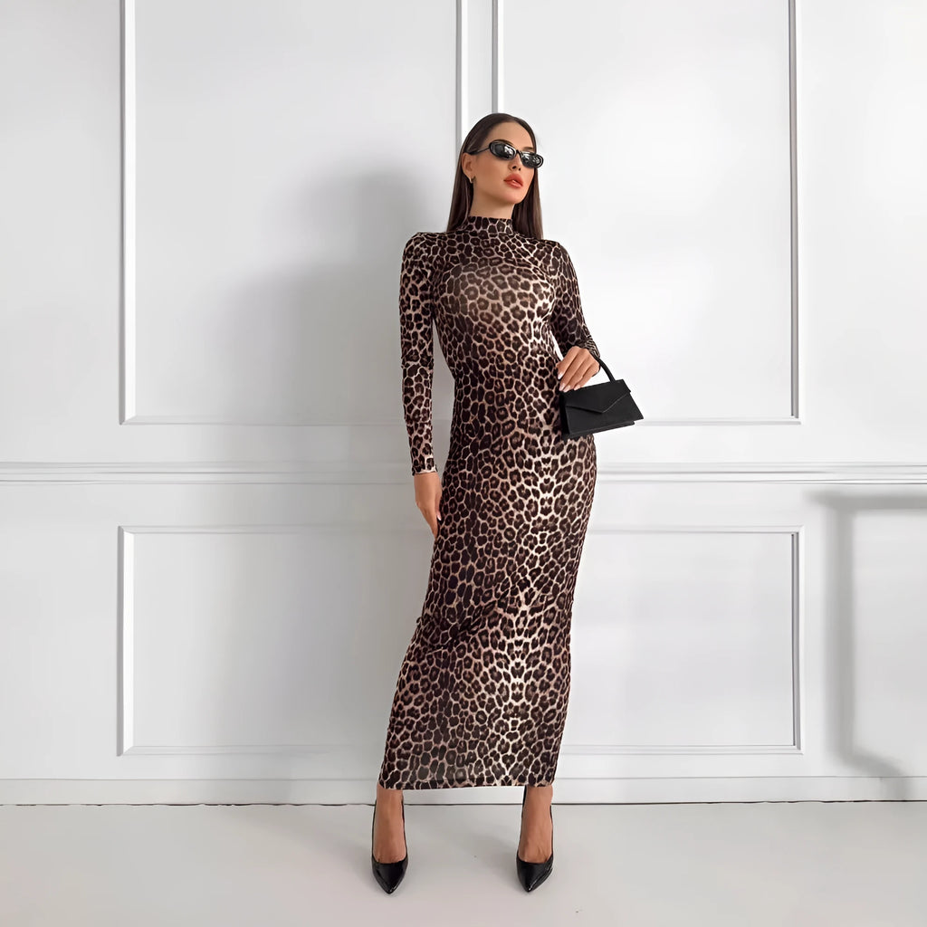 Women's leopard print long dress with stand collar and long sleeves showing high waist hip skirt silhouette
