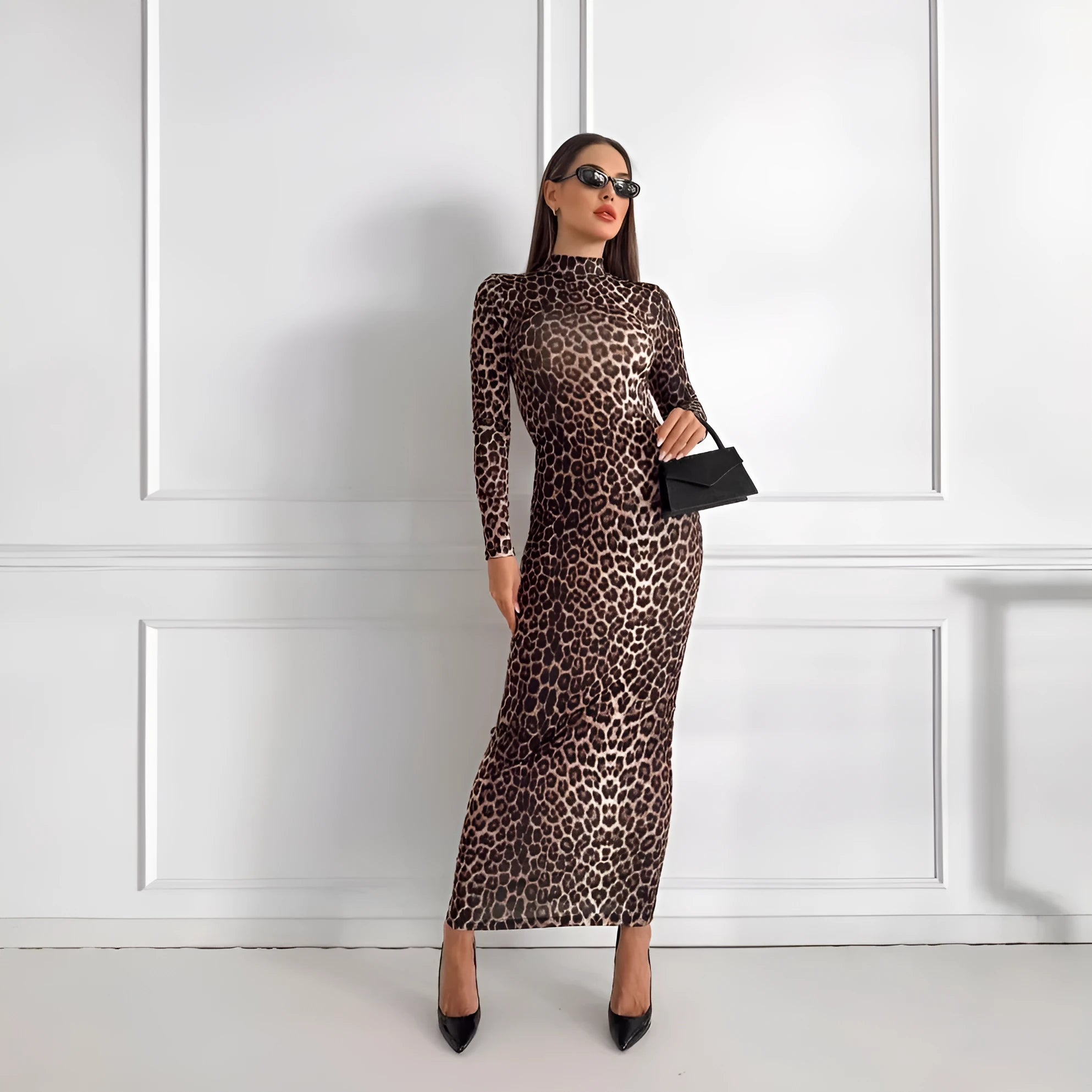 Women's leopard print long dress with stand collar and long sleeves showing high waist hip skirt silhouette