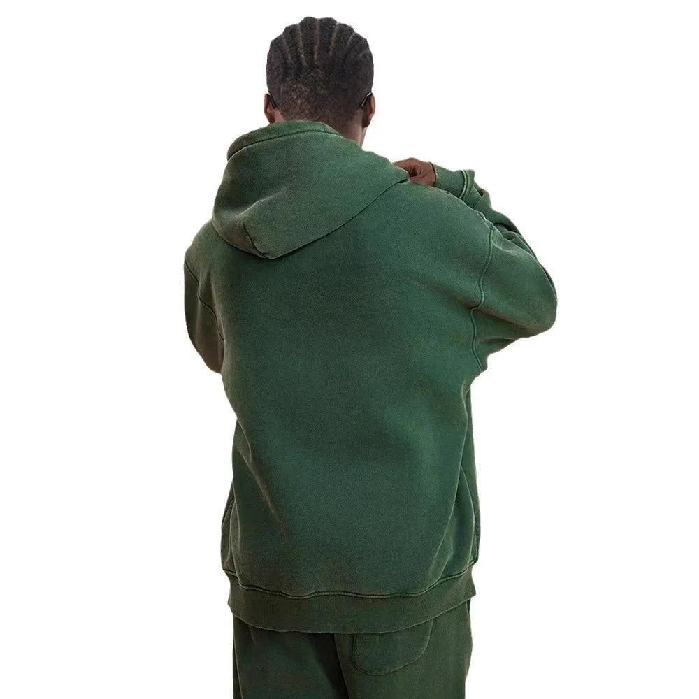 Men's washed cotton hooded cardigan sweater with fleece lining and a double zipper front.