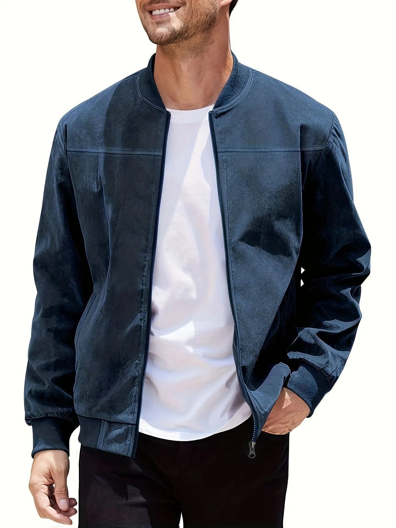 Men's army green suede casual jacket with zipper front on a hanger