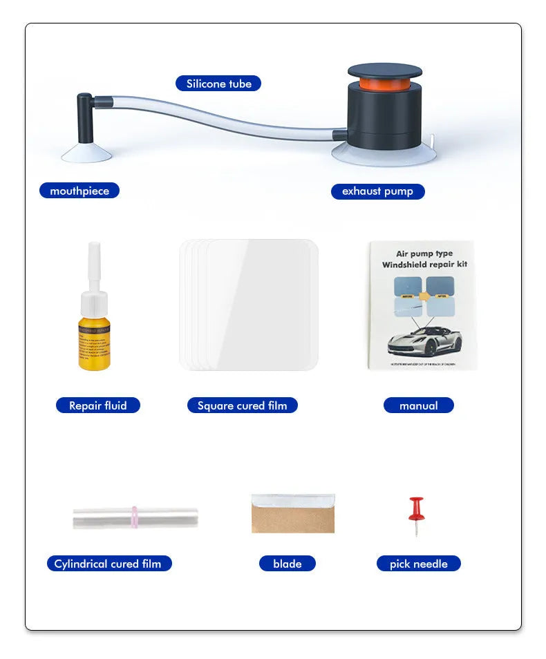 Plastic car windshield crack repair tool and glass corrector for DIY emergency fixes.