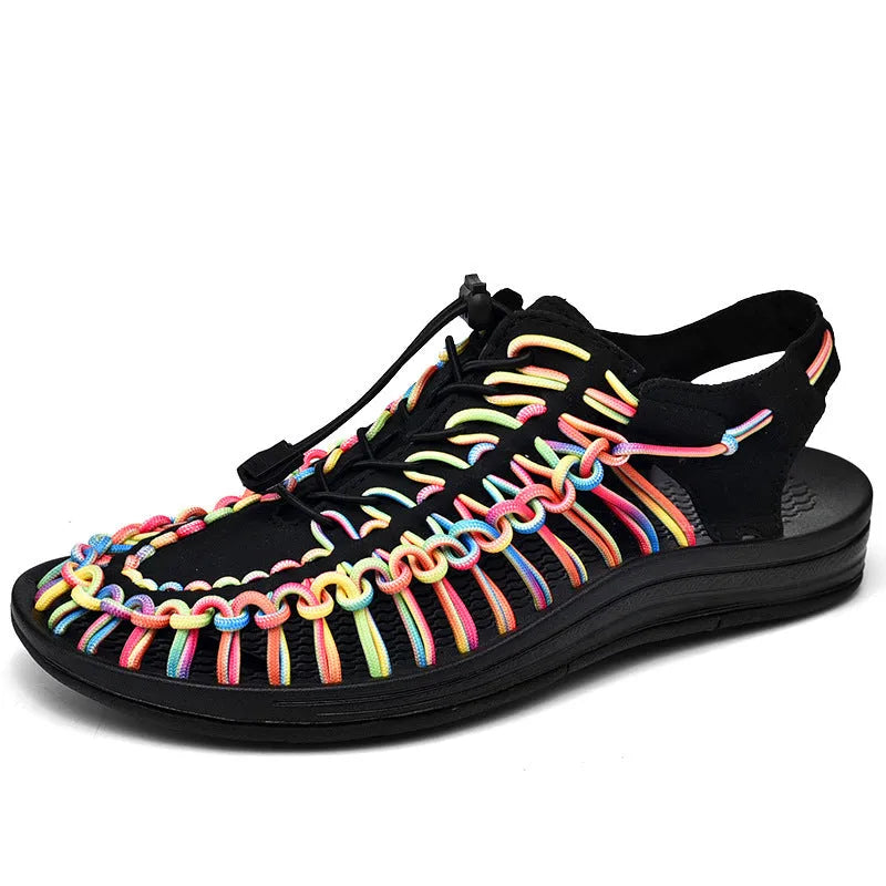 Woven Roman-style sandals with elastic drawstring tie and non-slip rubber sole