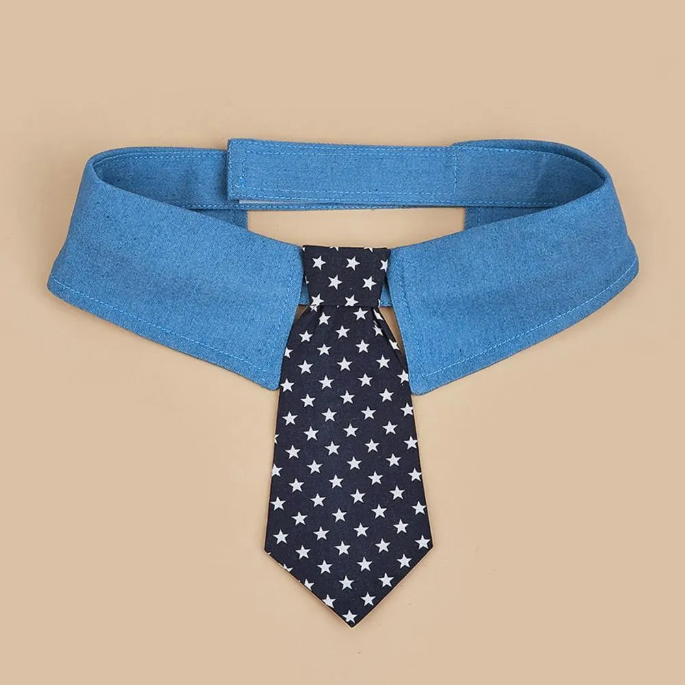 Adjustable denim dog collar with a star pattern necktie, shown in sizes S, M, and L.