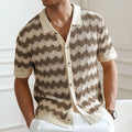American-style hollow jacquard corrugated short-sleeve sweater in blue, shown on a hanger.