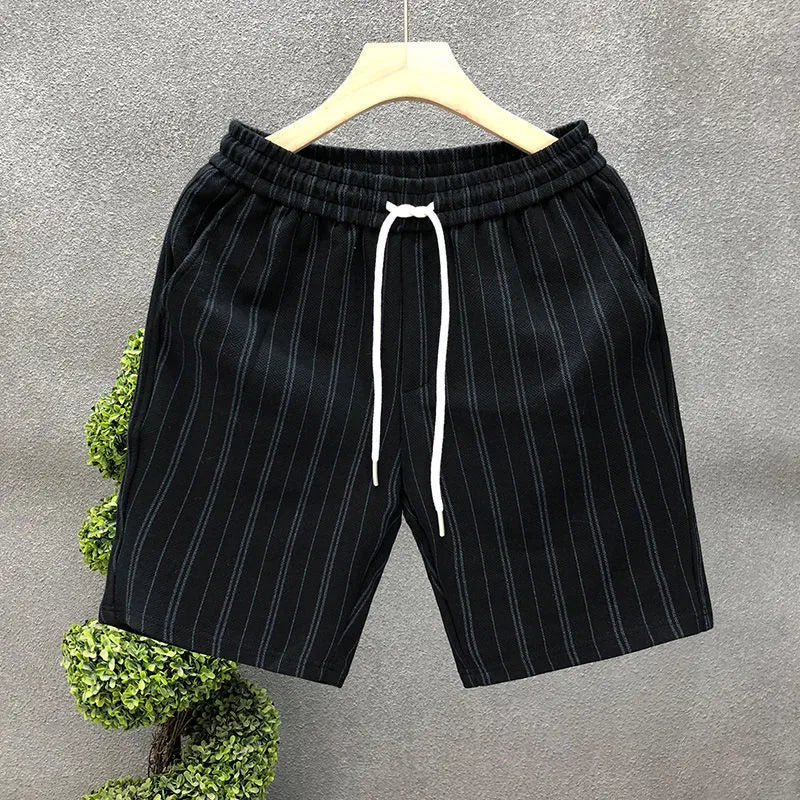 Men's black and white striped casual shorts with fleece lining and double-layer waistband