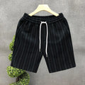 Men's black and white striped casual shorts with fleece lining and double-layer waistband