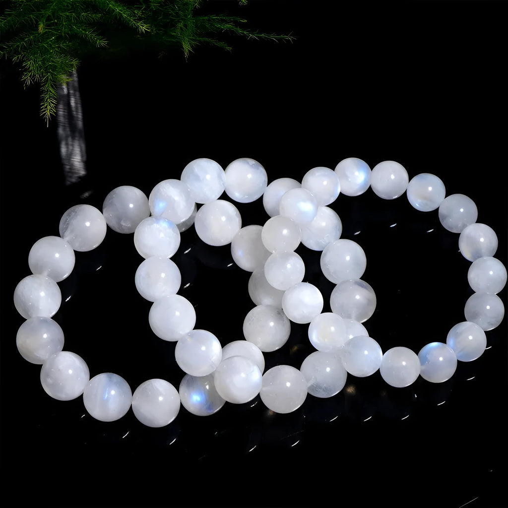 Natural moonstone bracelet with blue moonlight round beads in polished finish