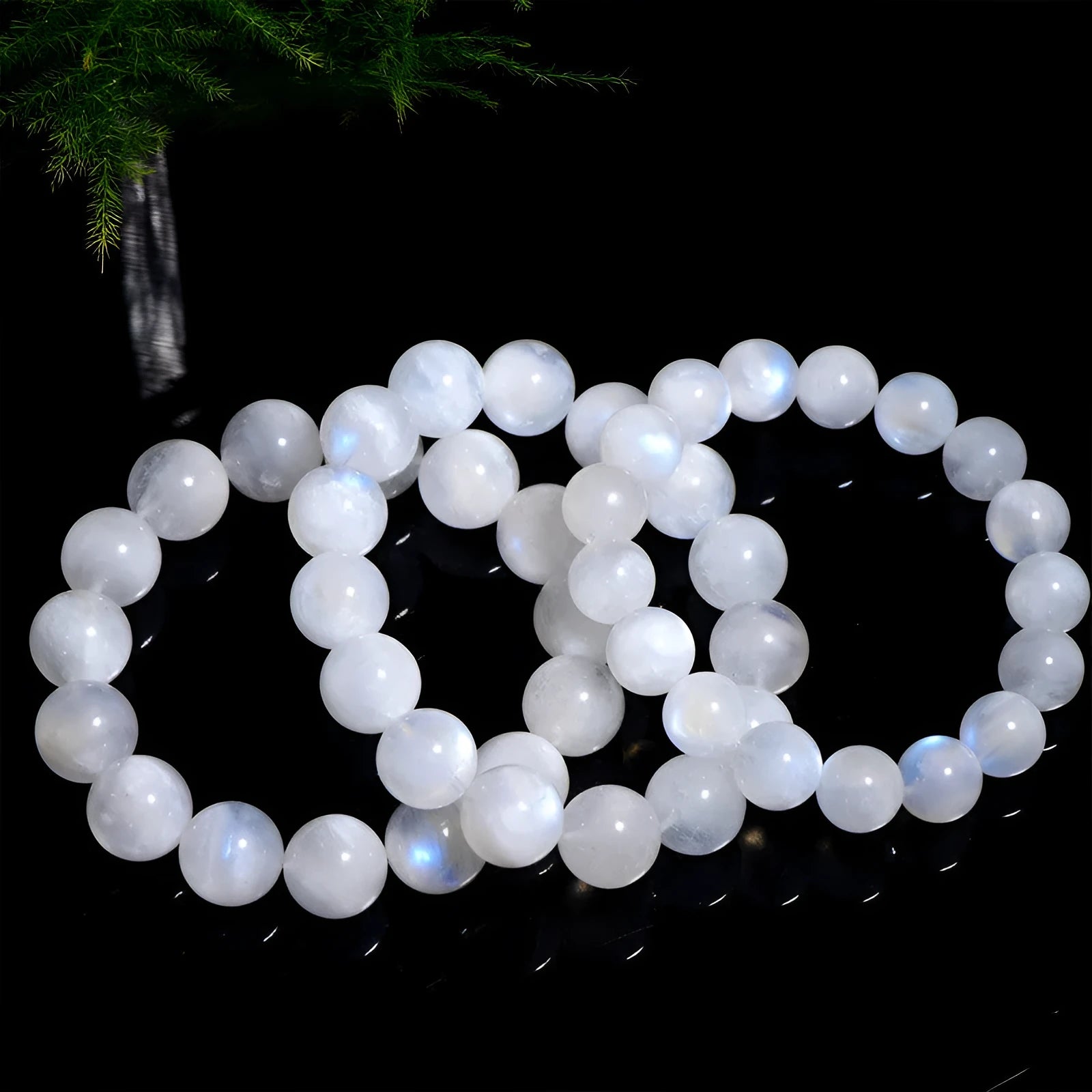 Natural moonstone bracelet with blue moonlight round beads in polished finish