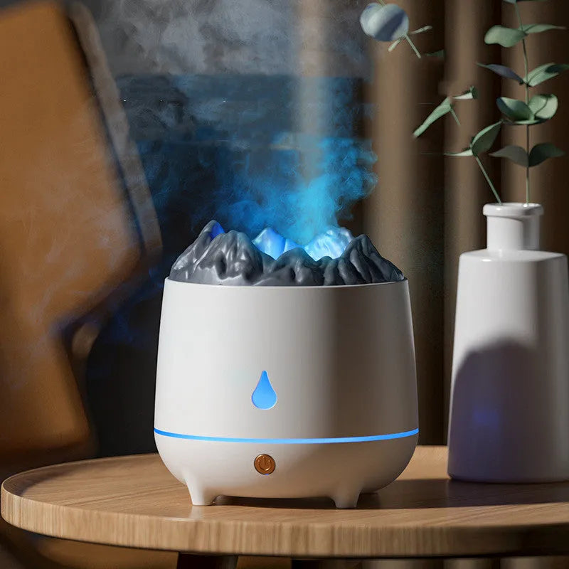 Volcano-shaped ultrasonic humidifier with circular design and USB cable