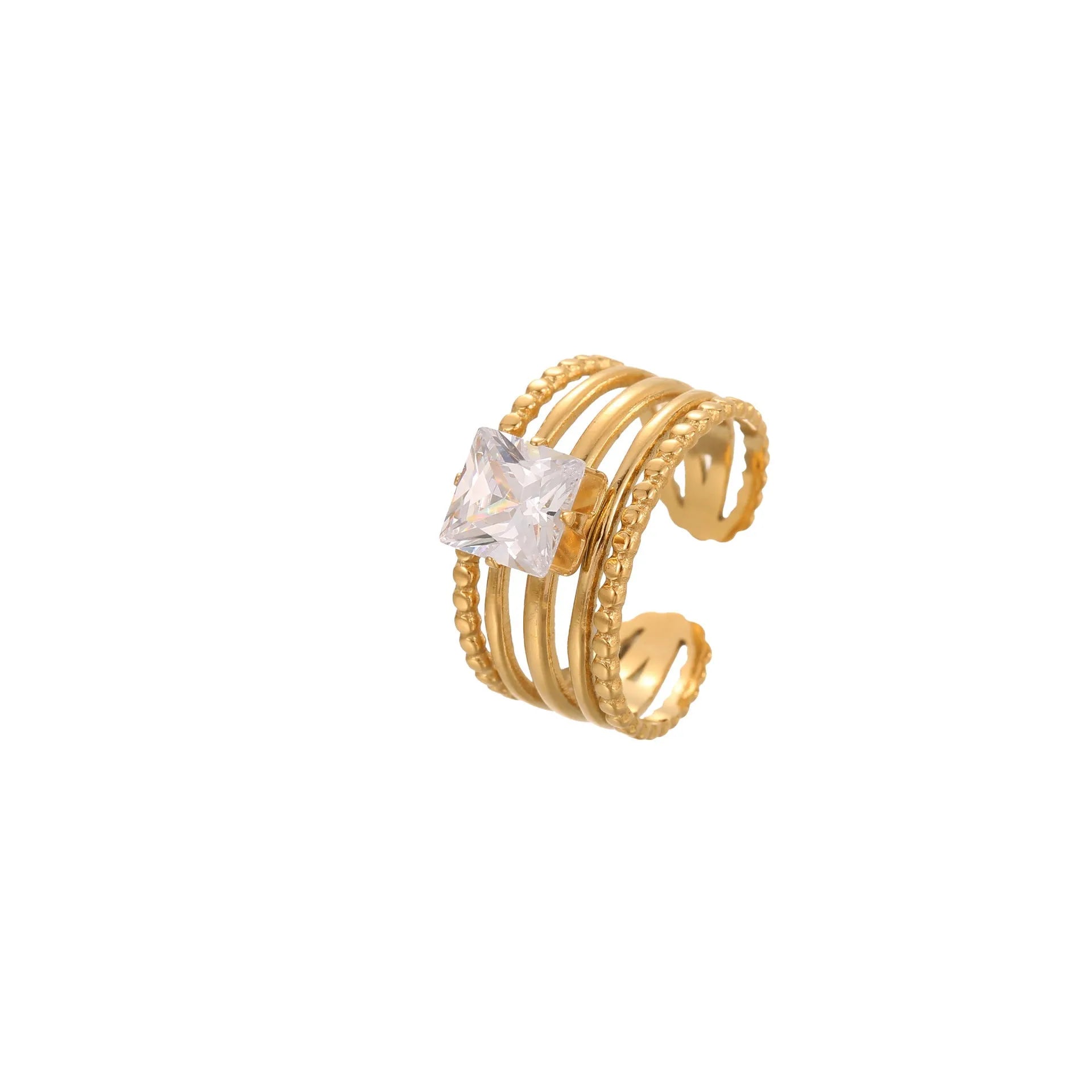Gold electroplated stainless steel ring with geometric heart shape design and zircon accents