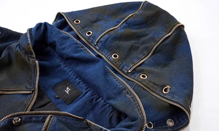 Blue hooded denim vest coat with matching trousers Korean style two-piece set
