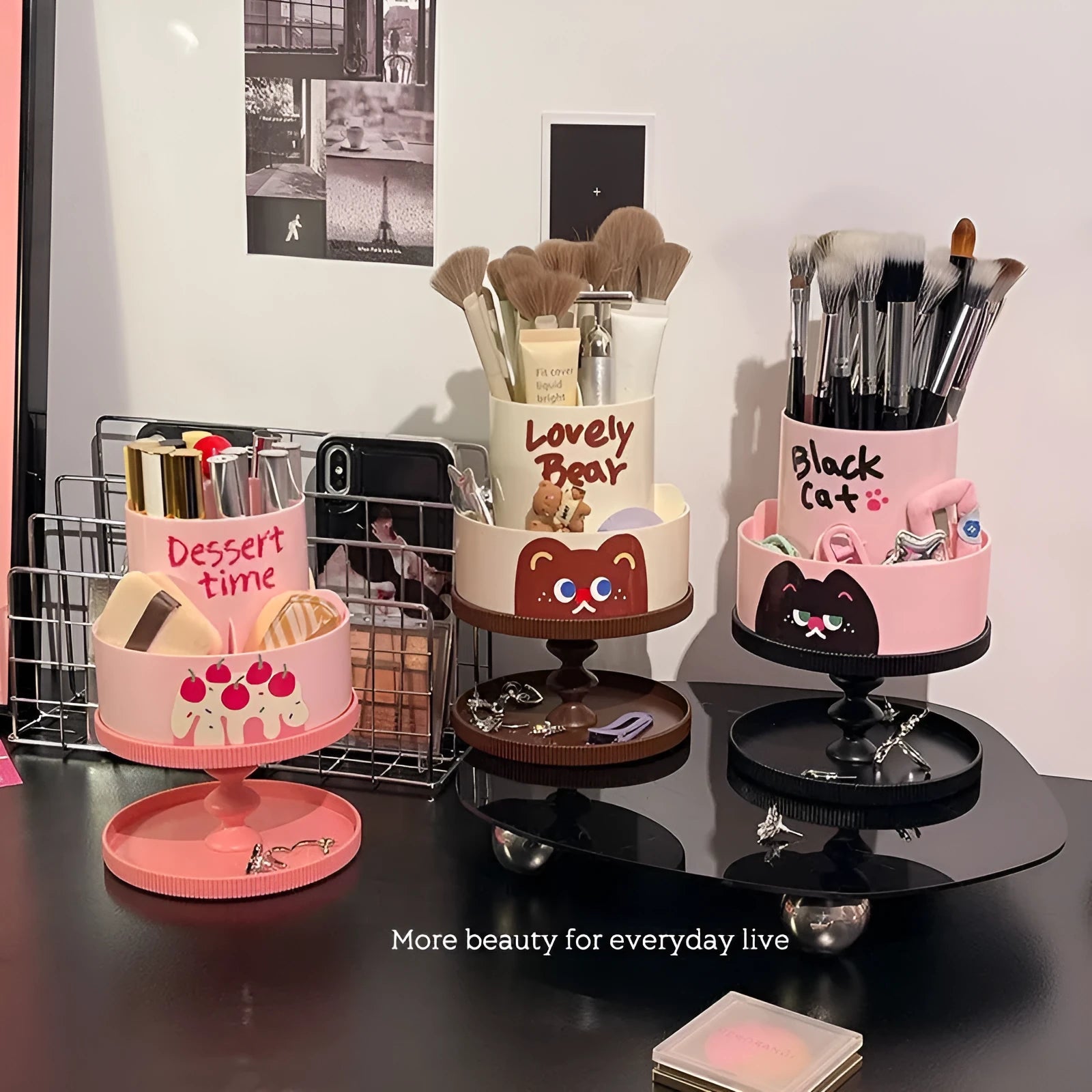 Japanese style rotating cosmetic brush barrel with storage rack in beige colour