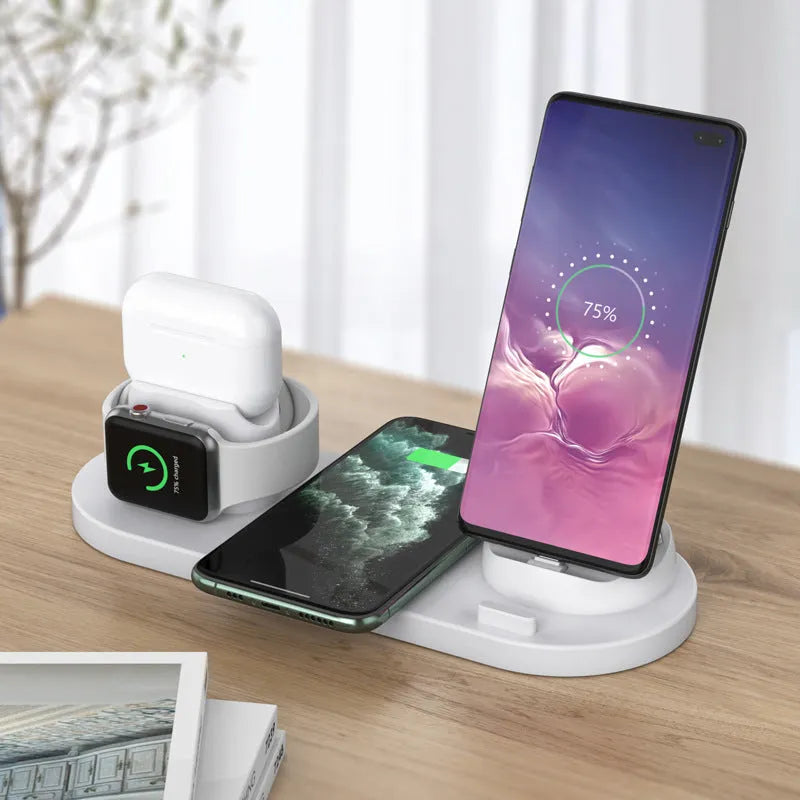 Black and white 6-in-1 wireless charging station with phone holder, AirPods and iWatch charging
