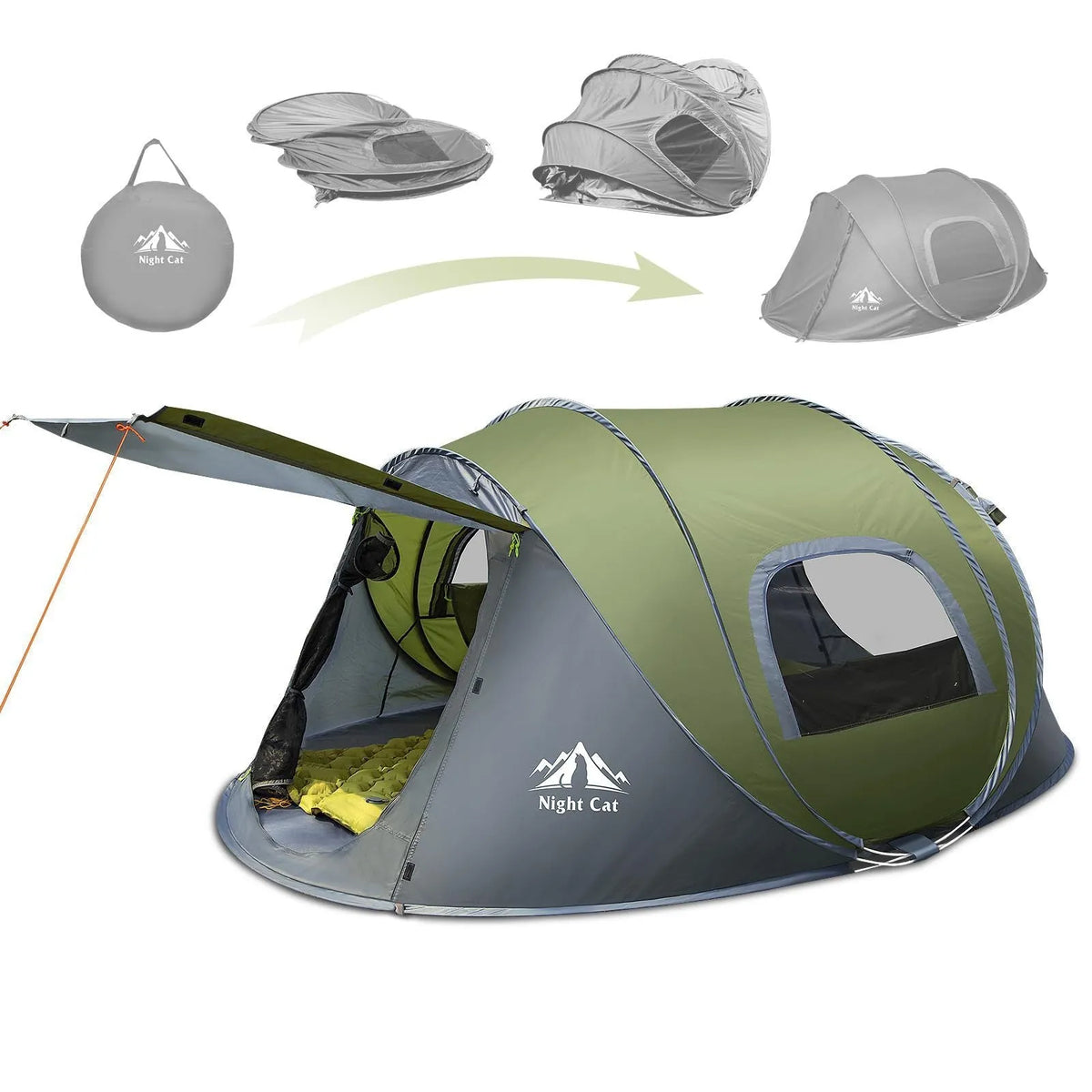 Dark green automatic pop-up camping tent for two people showing waterproof rainfly and compact folded size