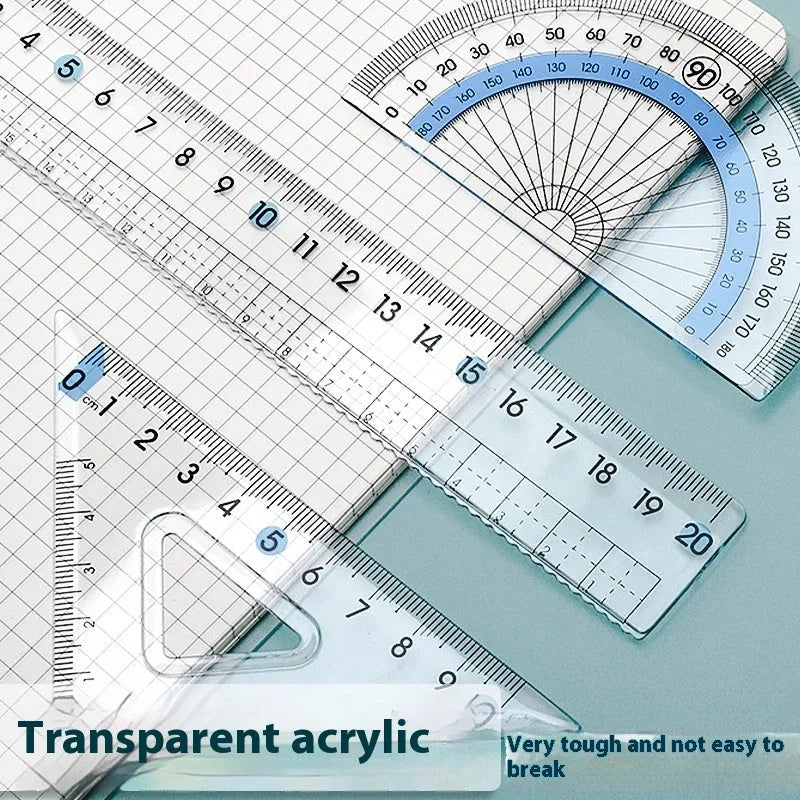 Youpai transparent acrylic drawing ruler set showing square, protractor, and straight edge rulers