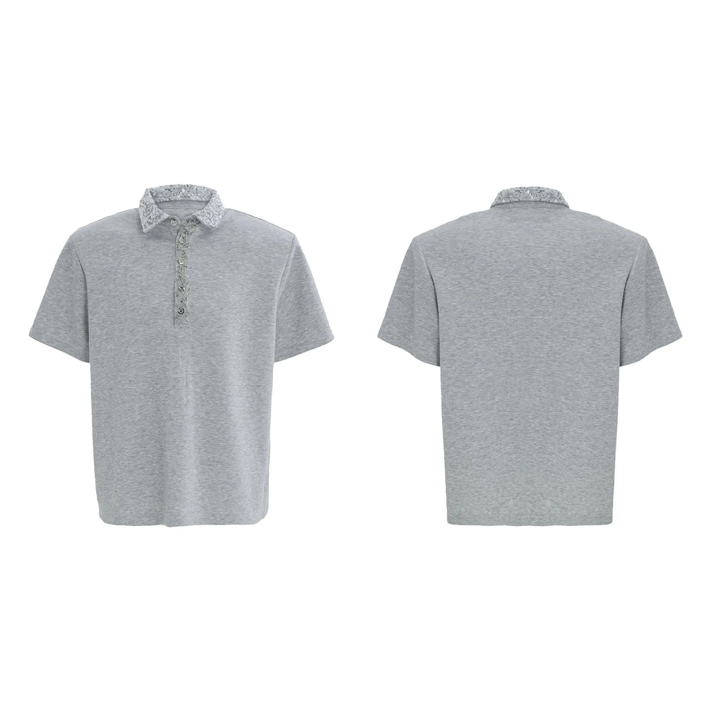 Men's loose fit square collar polyester polo t-shirt in black, grey, or white