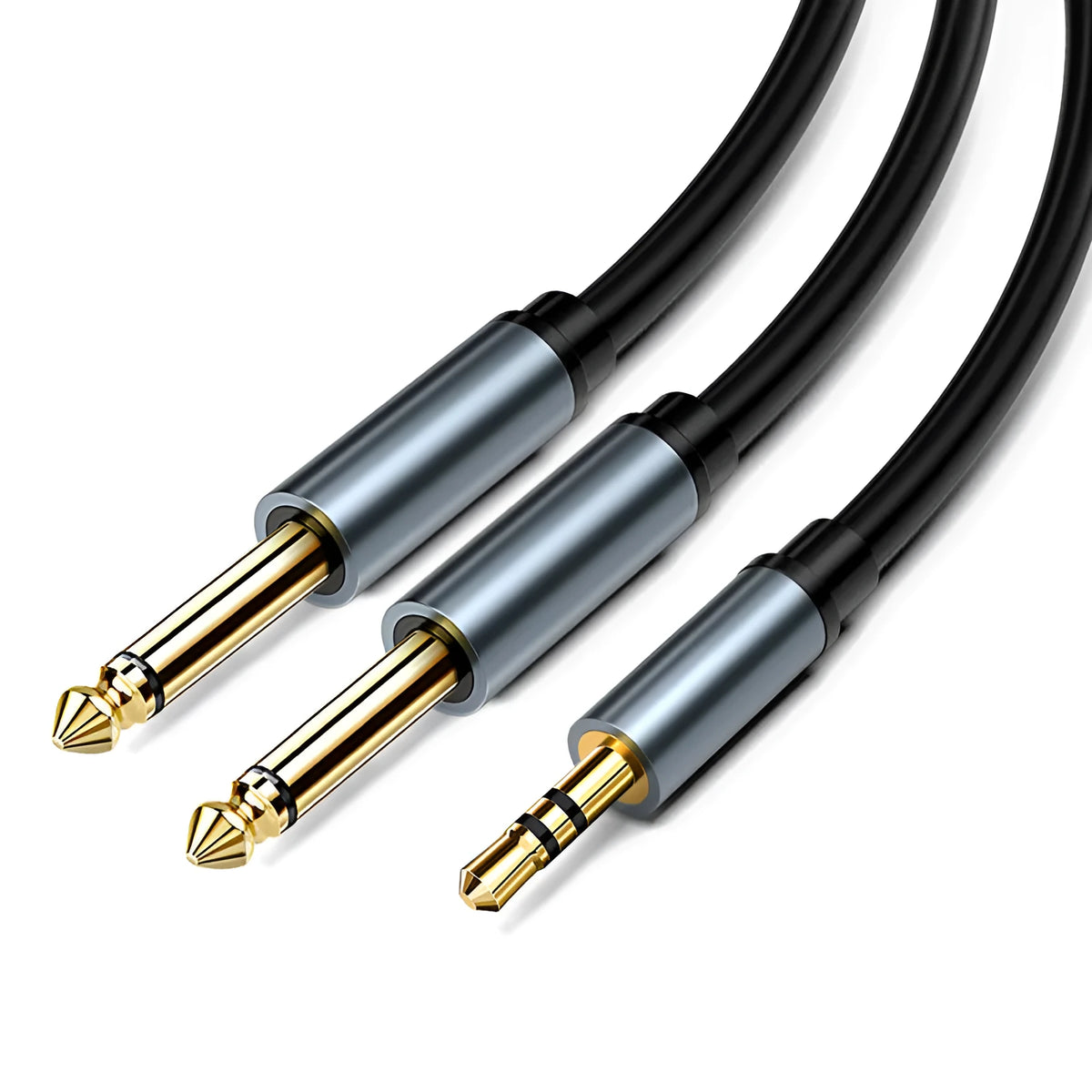 3.5mm to 6.5mm male-to-male audio cable with gold-plated connectors on a black background.