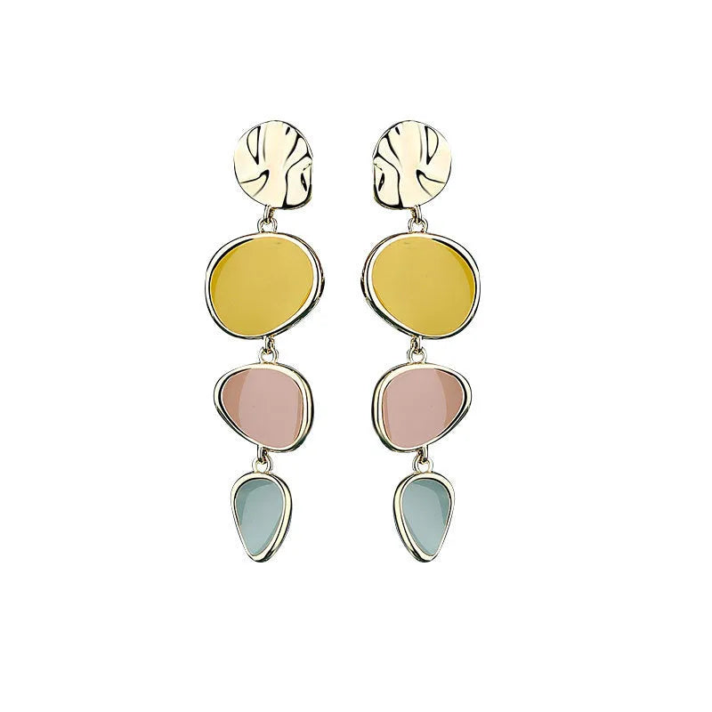 Morandi three-colour oil-dripping disc earrings with sterling silver needle on white background