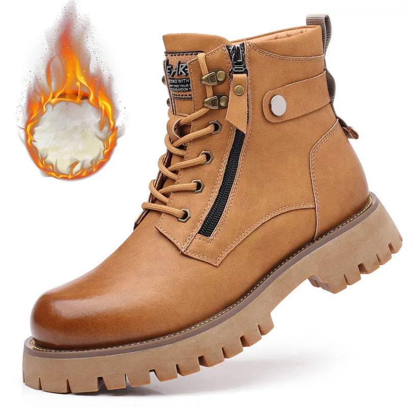 Men's brown leather high-top Martin boots with side zipper and round toe.