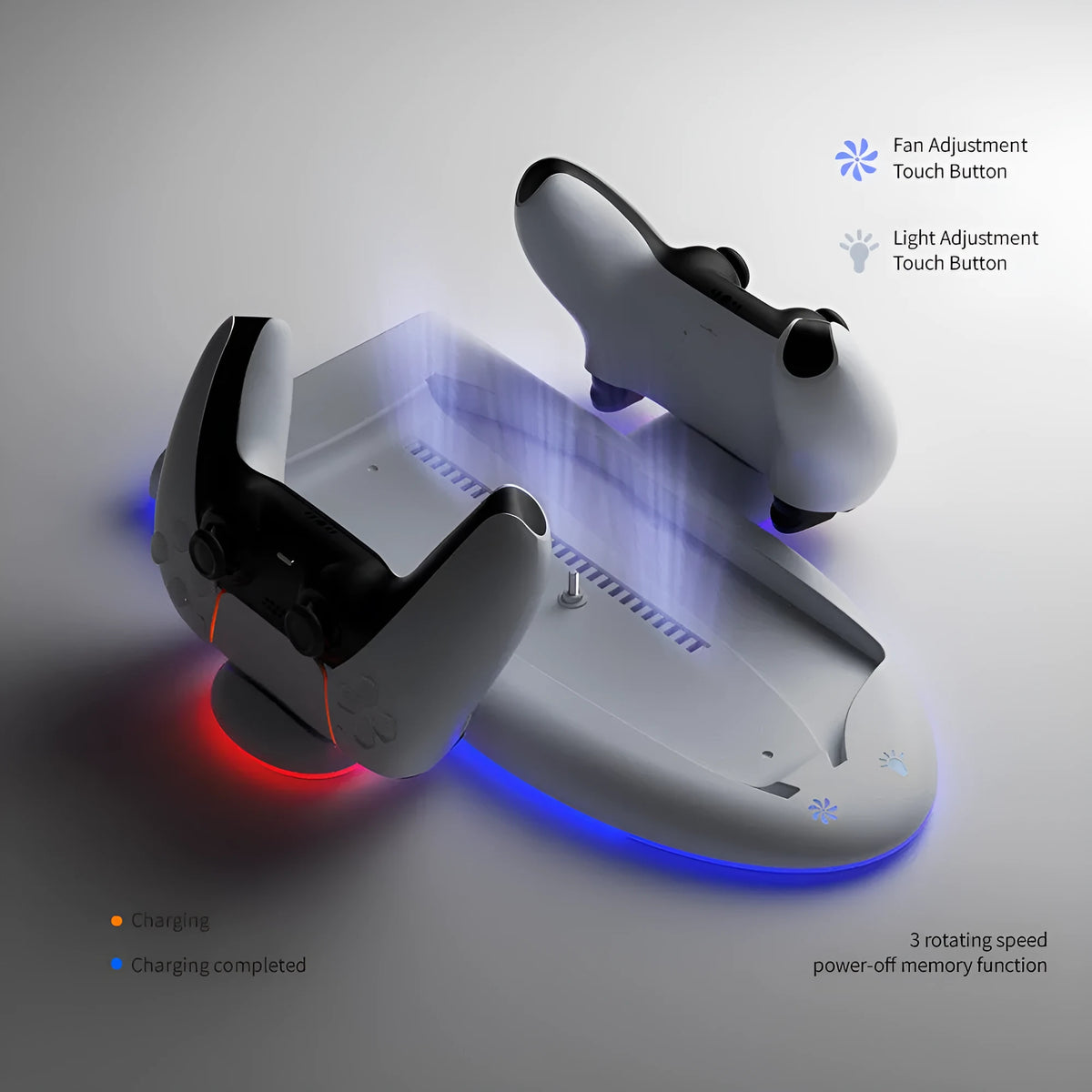 White PS5 Slim charging dock with RGB ambient light and handle mounting