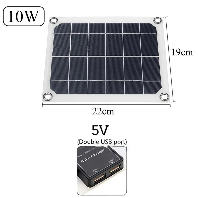 Polycrystalline silicon solar panel with dual USB ports for outdoor charging of mobile phones and tablets.