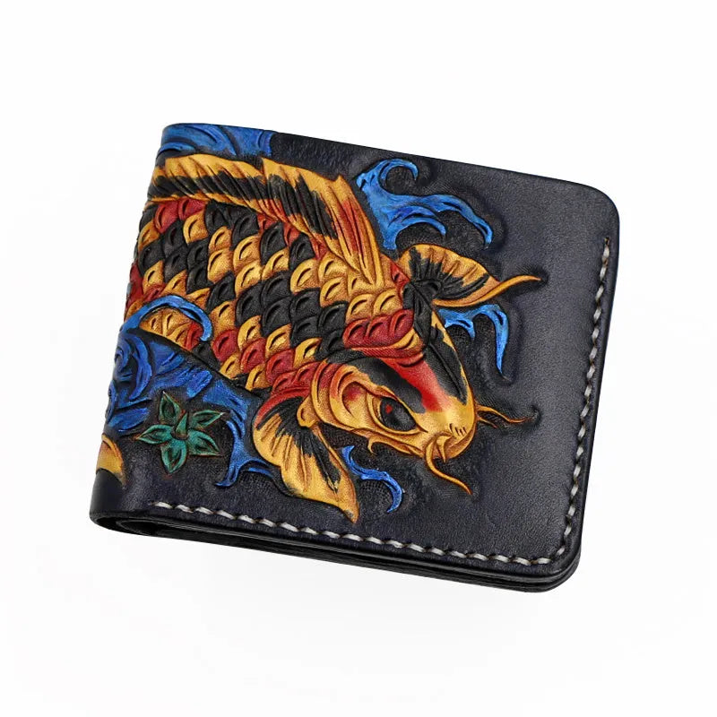 Hand-carved cow leather men's wallet in red colour showing open design and compact dimensions