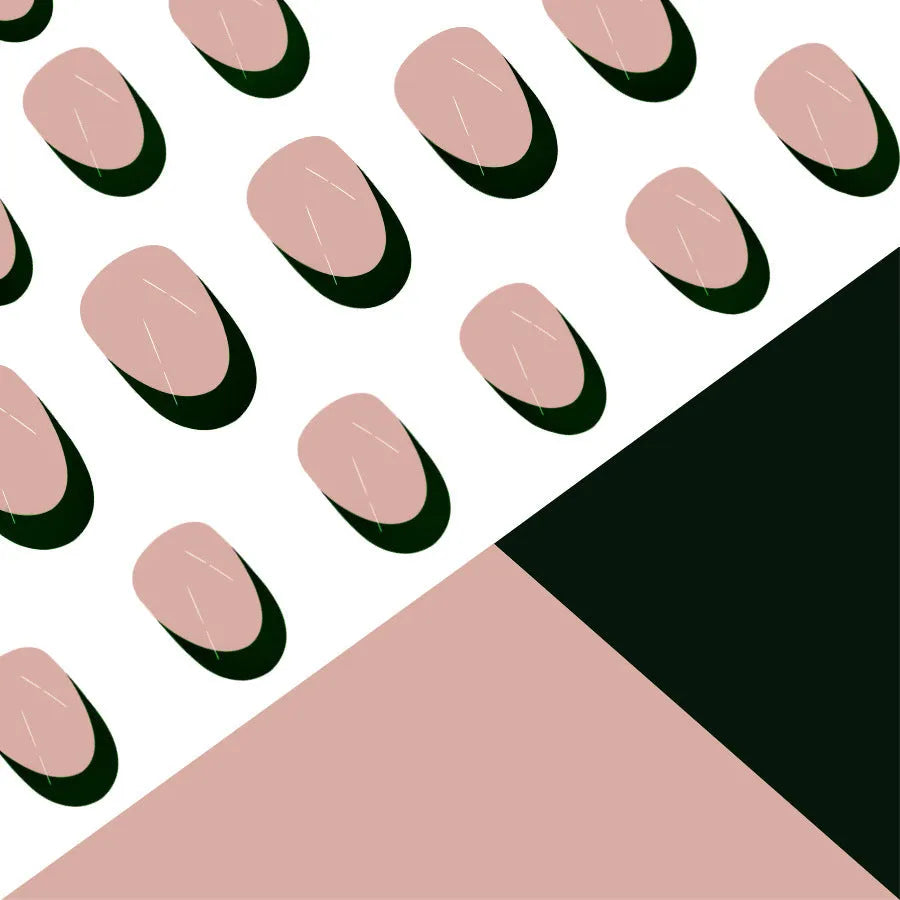 Black French tip false nails in short almond shape, 24 piece set on a white background.
