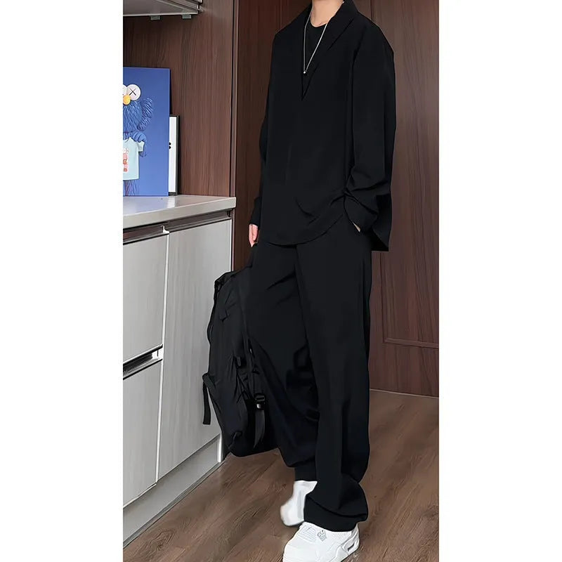 Men's black long sleeve polo shirt and trousers two-piece casual suit set on hanger