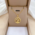 Gold-plated necklace with lucky tree pendant featuring micro-inlaid zircon and mother pearl shellfish centrepiece on adjustable chain