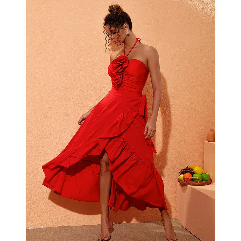 Red women's V-neck one-piece swimsuit with detachable long skirt, halter neckline, open back design