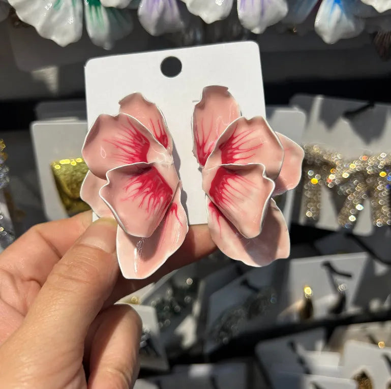 Alloy flower stud earrings with oil-spot glaze finish in blue, green, purple and rose colour options