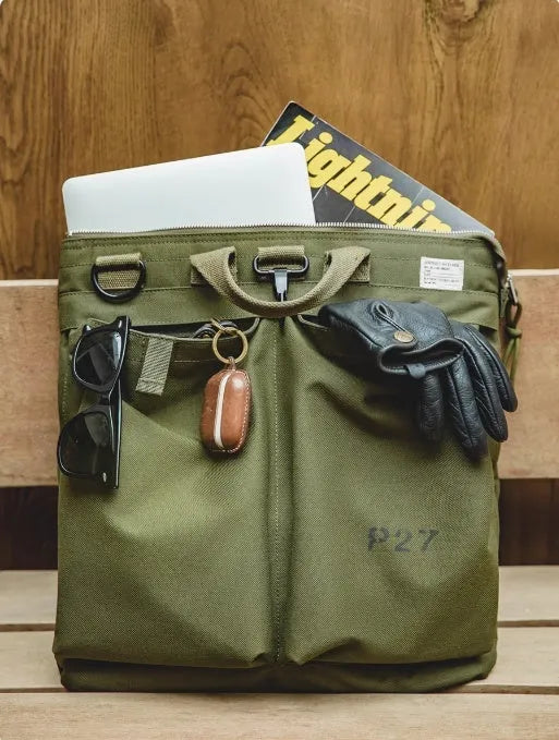 Marden Tooling Helmet canvas crossbody messenger bag in military green with laptop compartment