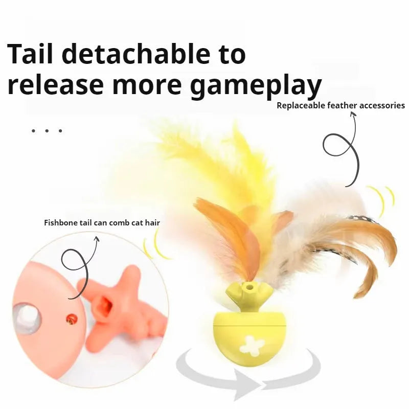Blue USB electric cat toy with a fish bone rolling ball and teasing stick on a white surface.