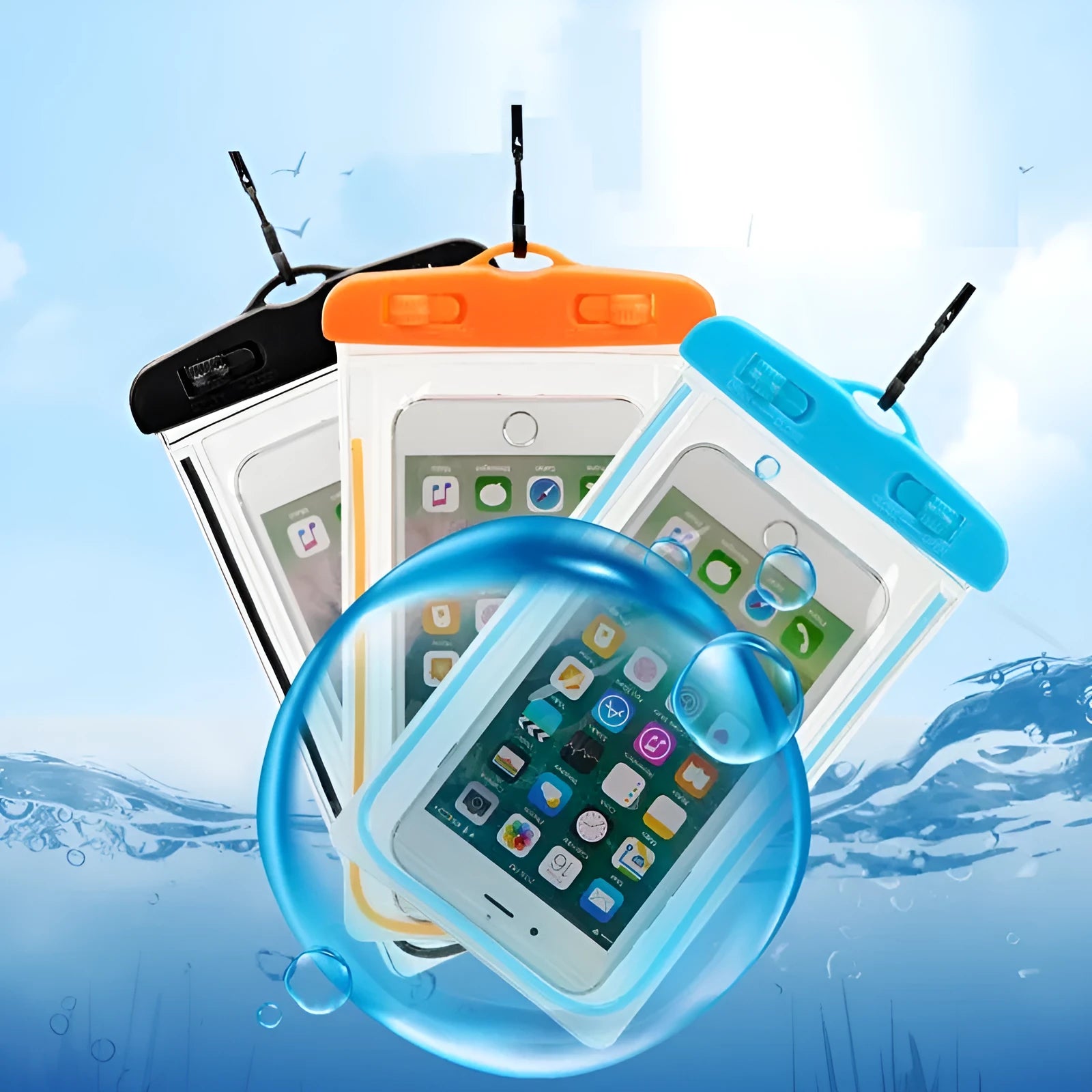 Universal waterproof phone case in eight luminous colours with touch screen compatible window
