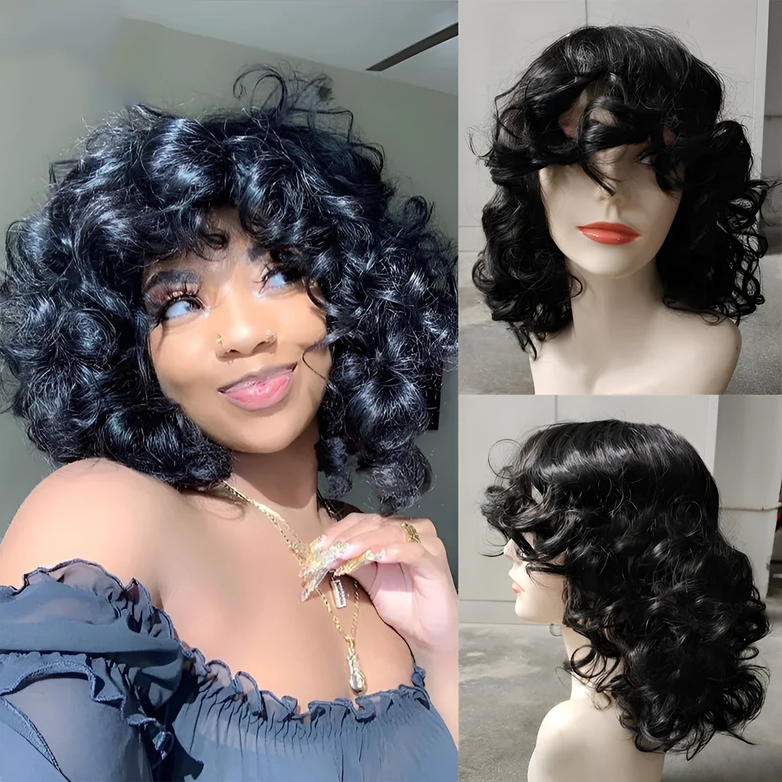 Black synthetic Afro wig with long curly hair on a display head