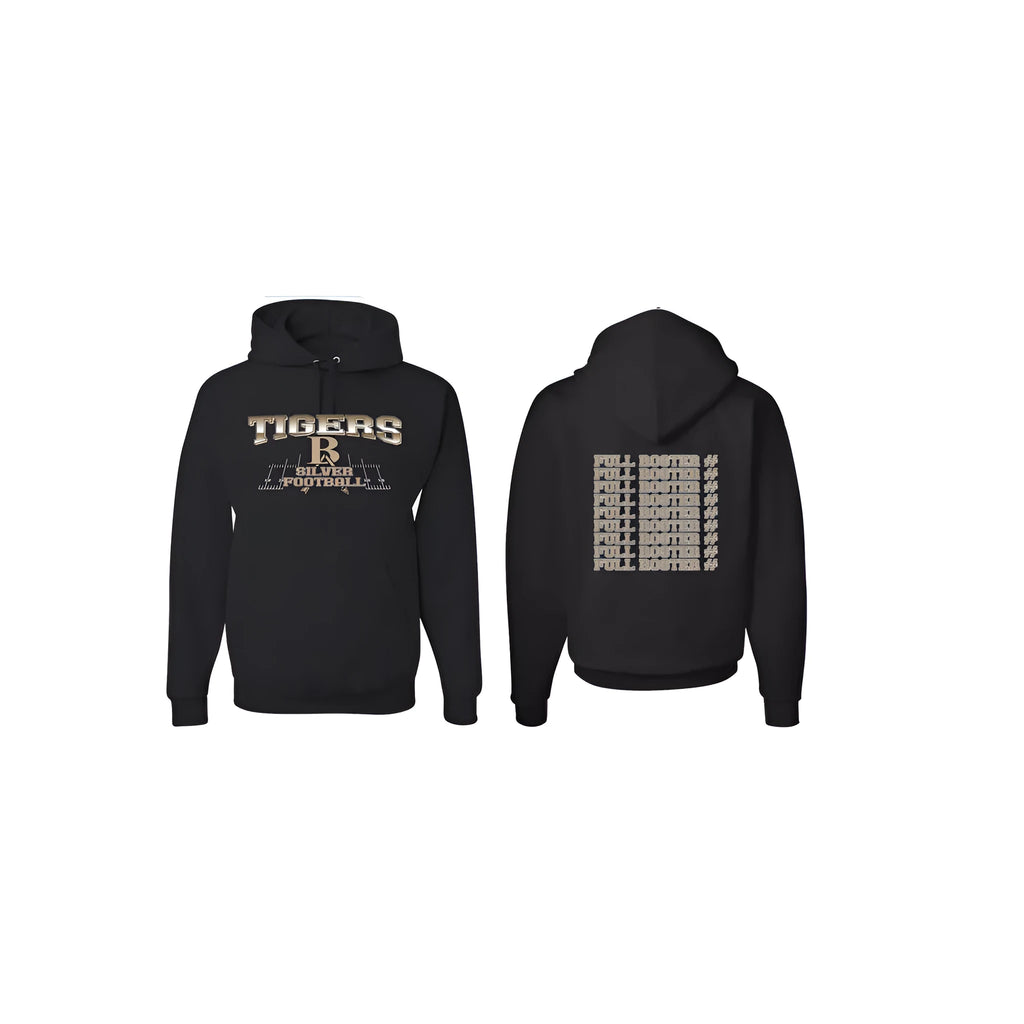 Black men's hooded sweatshirt with drop-shoulder sleeves on a model.